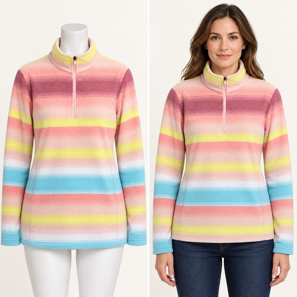 Lands' End Fleece Pullover Women M 10-12 Pink Pastel Stripe Quarter Zip Retro